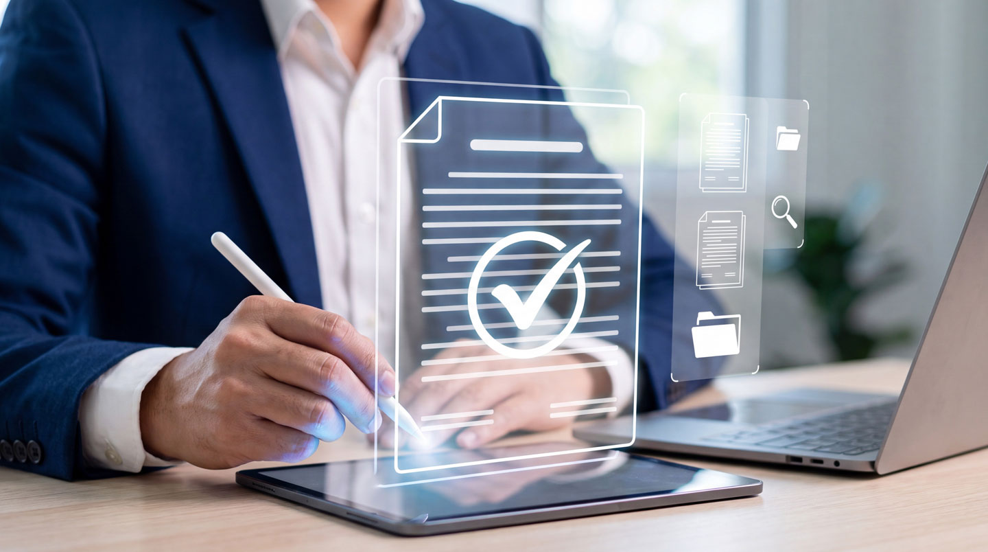 Entrepreneur travaillant sur ordinateur portable dans espace de coworking moderne, écran affichant interface de plateforme de création d'entreprise avec checklist