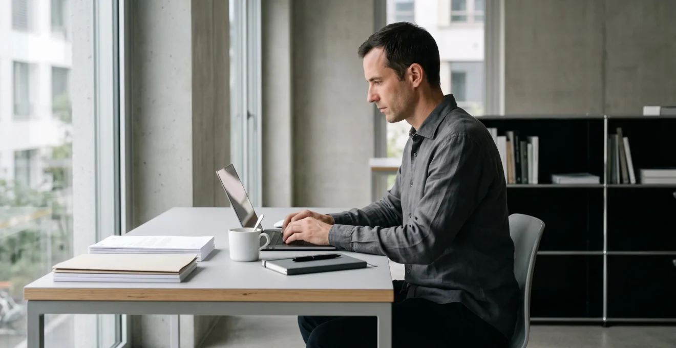 Entrepreneur travaillant sur ordinateur portable dans un bureau contemporain minimaliste avec documents administratifs organisés sur le bureau