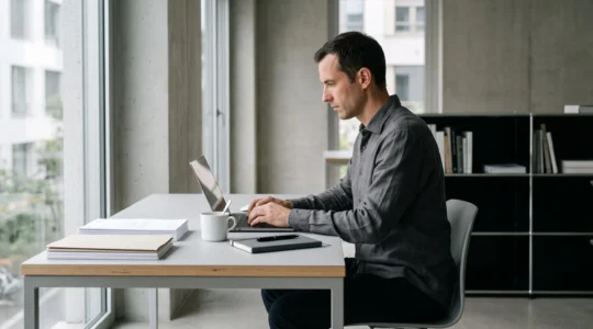 Entrepreneur travaillant sur ordinateur portable dans un bureau contemporain minimaliste avec documents administratifs organisés sur le bureau
