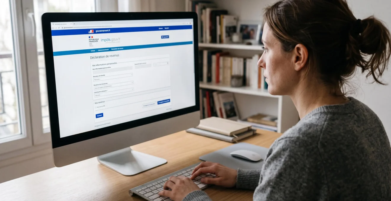 Personne remplissant un formulaire en ligne sur la plateforme gouvernementale formalites.entreprises.gouv.fr affichée sur écran d'ordinateur