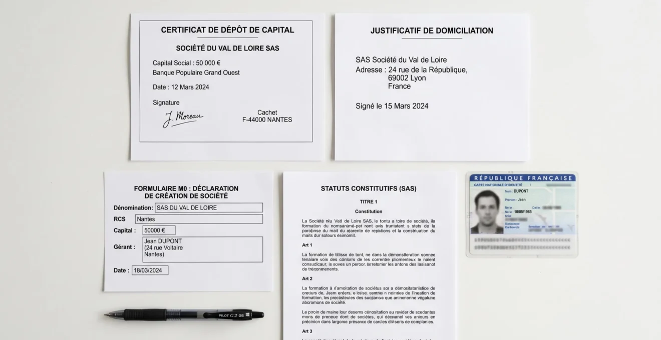 Vue de dessus de documents administratifs essentiels pour création SASU disposés de manière ordonnée sur bureau blanc : statuts, formulaires, attestations et pièces justificatives