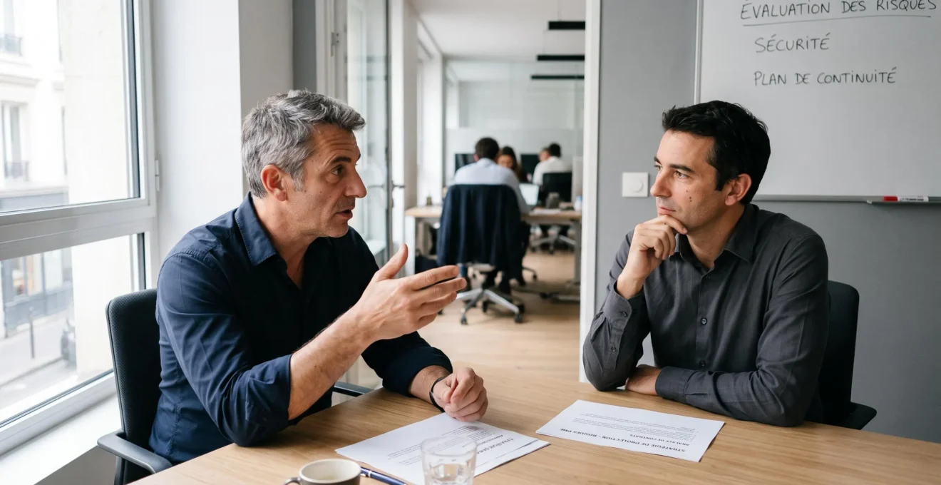 Deux associés discutant d'une stratégie de protection d'entreprise dans un bureau professionnel