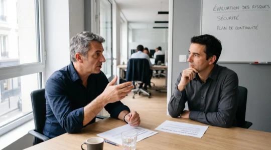 Deux associés discutant d'une stratégie de protection d'entreprise dans un bureau professionnel