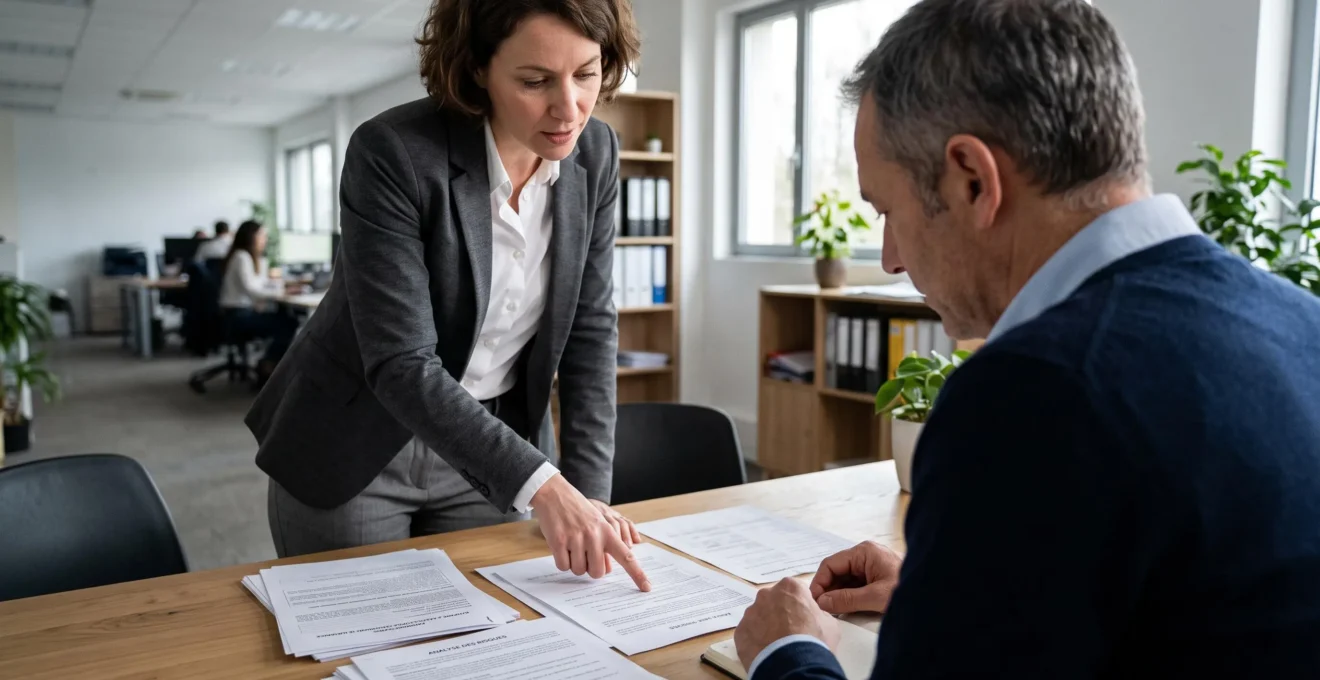 Conseiller financier expliquant des documents d'évaluation d'assurance à un dirigeant d'entreprise
