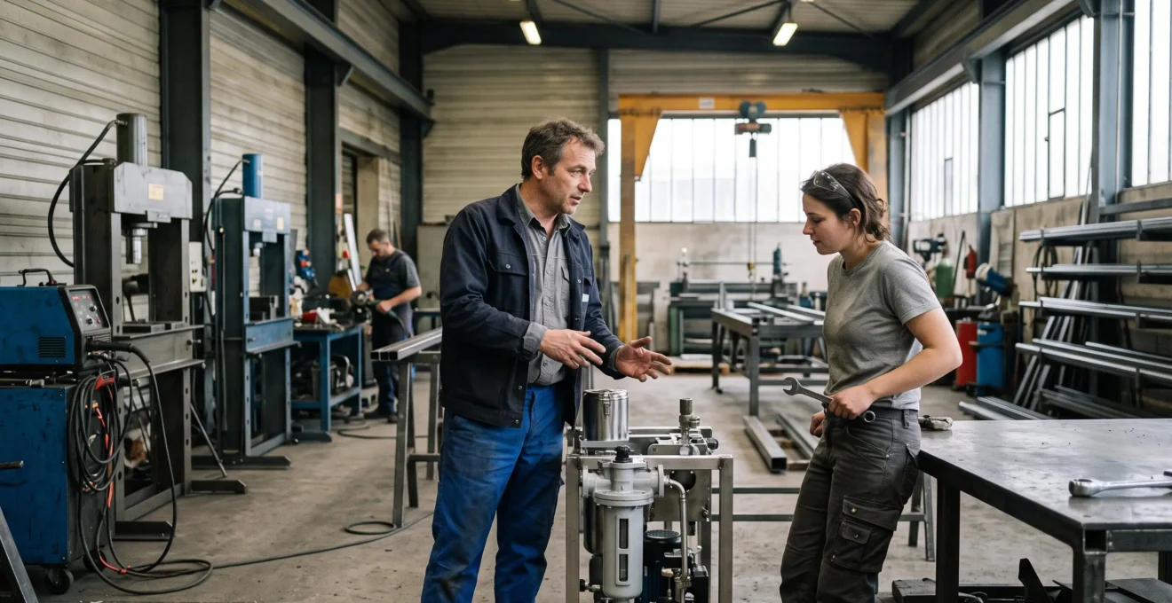 Dirigeant d'entreprise avec un rôle opérationnel clé en discussion avec un employé dans un atelier