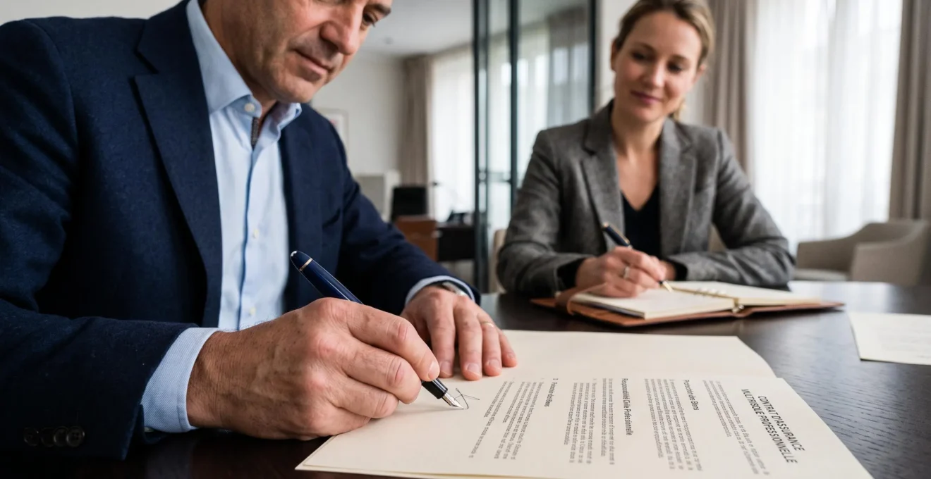 Dirigeant d'entreprise signant des documents de protection par assurance professionnelle